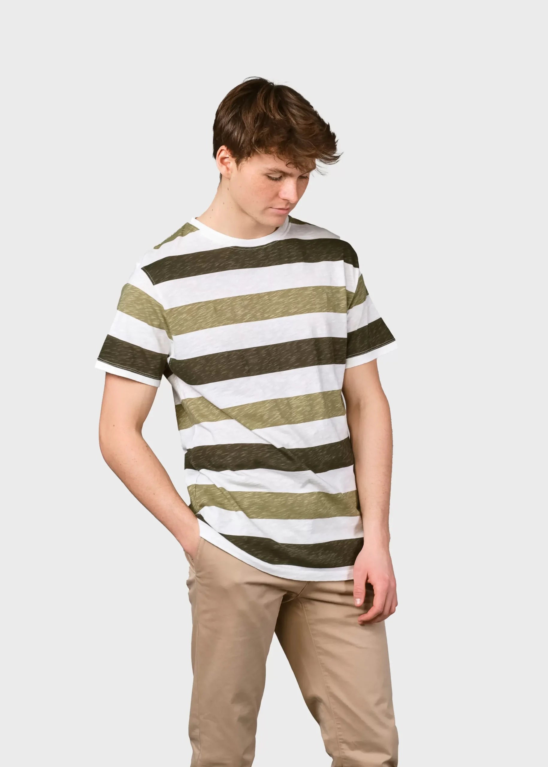 Klitmoller Collective T-shirts-George tee - Cream/olive/pale green Olive/mossgreenstripes