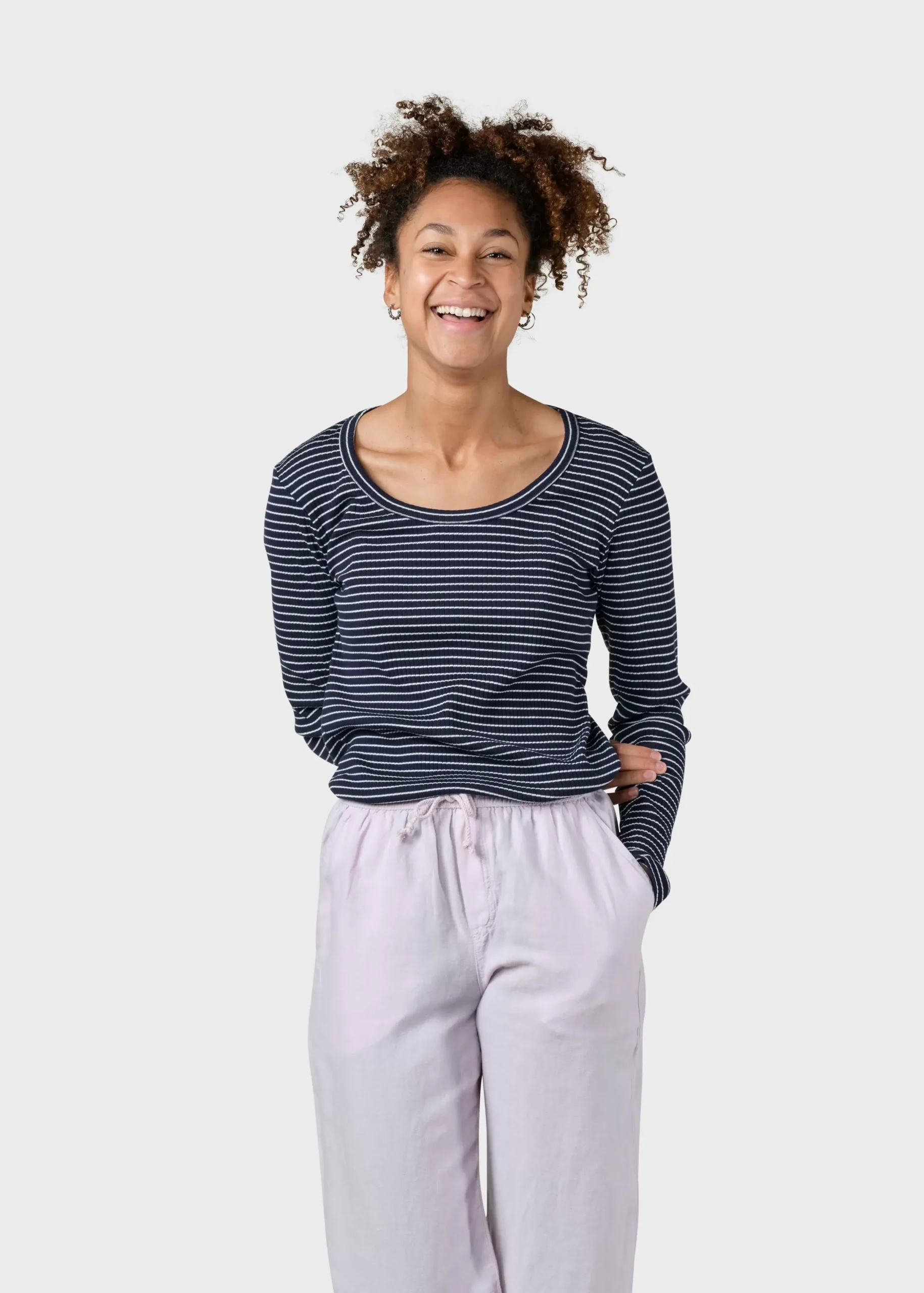 Klitmoller Collective T-shirts-L/S rib tee stripes - Navy/cream Cream/skyblue