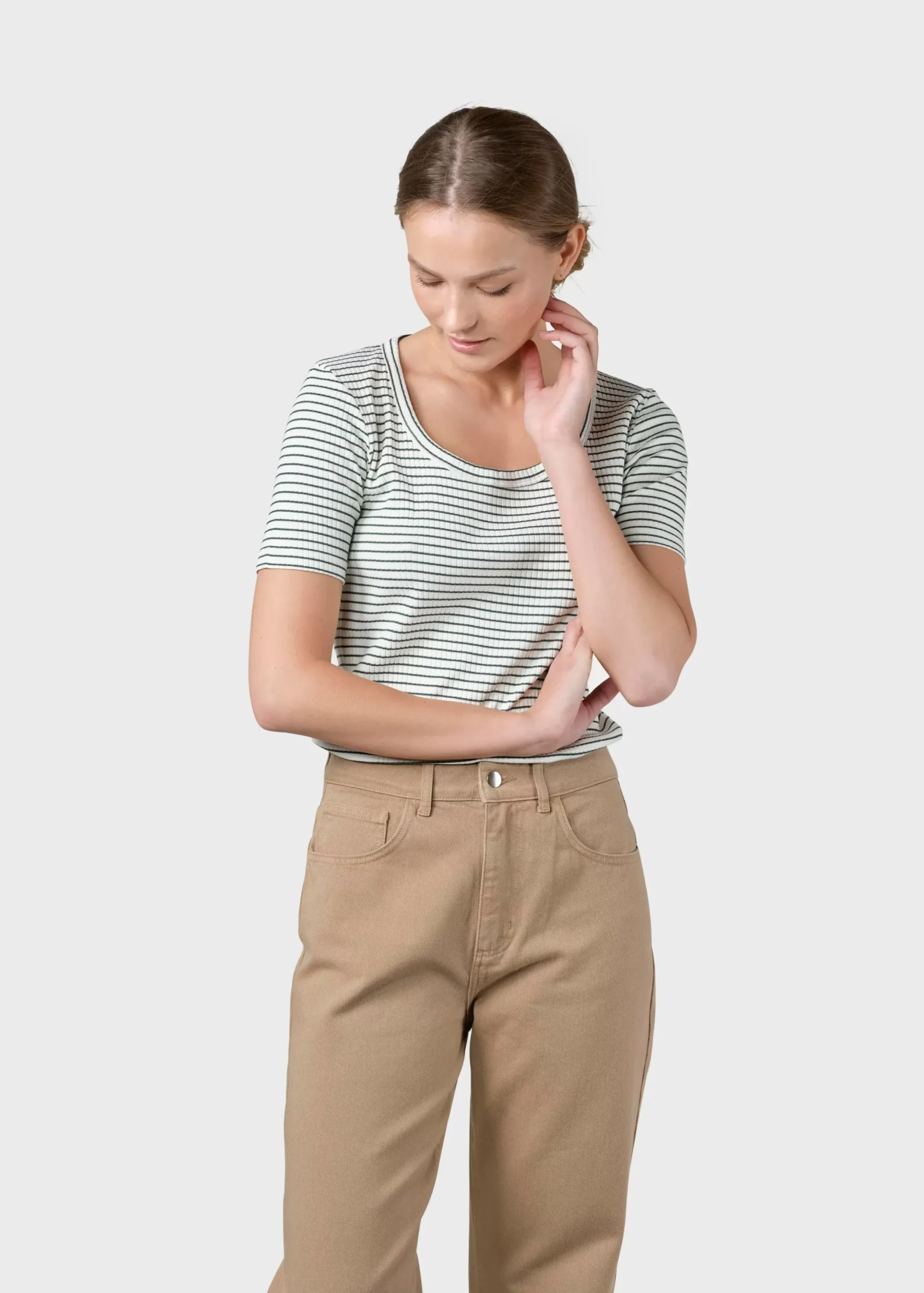 Klitmoller Collective T-shirts-Rib tee stripes - Cream/moss green Cream/skyblue